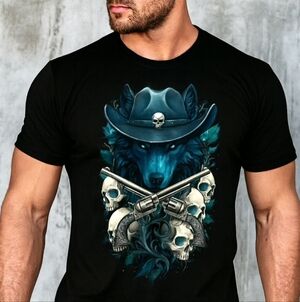 Gothic Western Wolf Graphic Tee – Cowboy Skull Hat, Dark Fantasy Biker Rock Tee